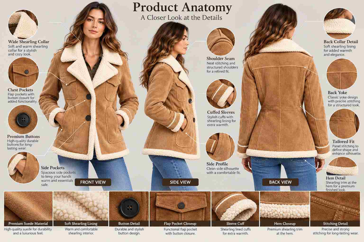 Women's Tan Suede Aviator Jacket with Faux Shearling Lining anatomy view by avanzar leather