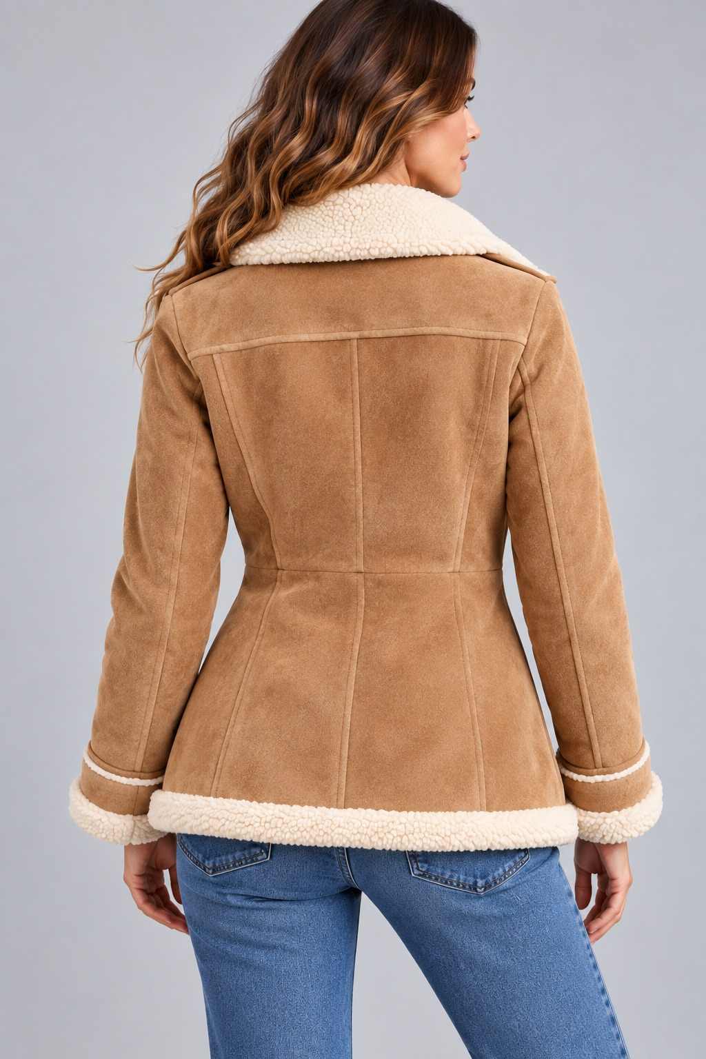 Women's Tan Suede Aviator Jacket with Faux Shearling Lining back view by avanzar leather