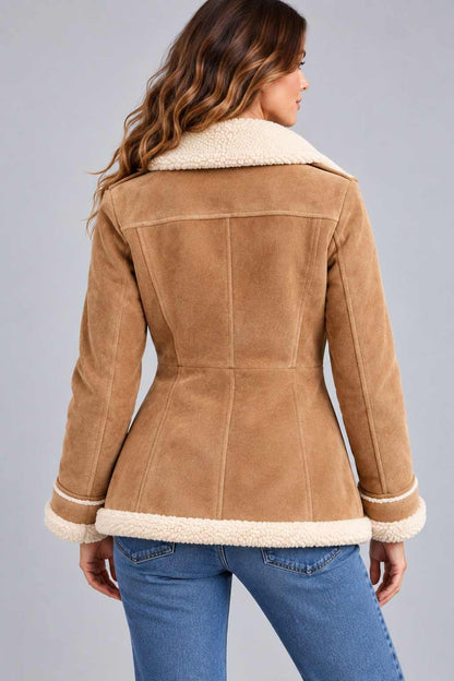 Women's Tan Suede Aviator Jacket with Faux Shearling Lining back view by avanzar leather
