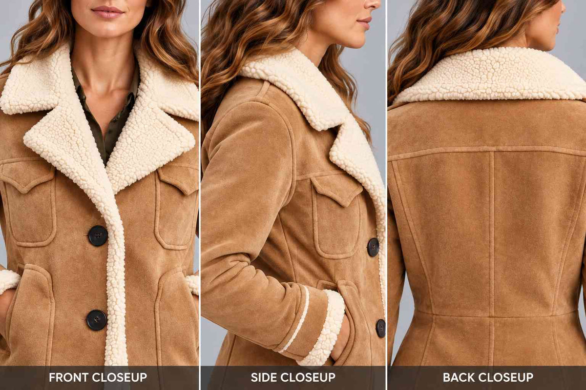 Women's Tan Suede Aviator Jacket with Faux Shearling Lining closeup view by avanzar leather