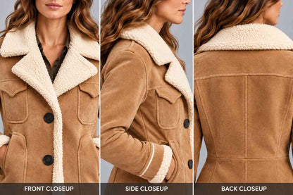 Women's Tan Suede Aviator Jacket with Faux Shearling Lining closeup view by avanzar leather