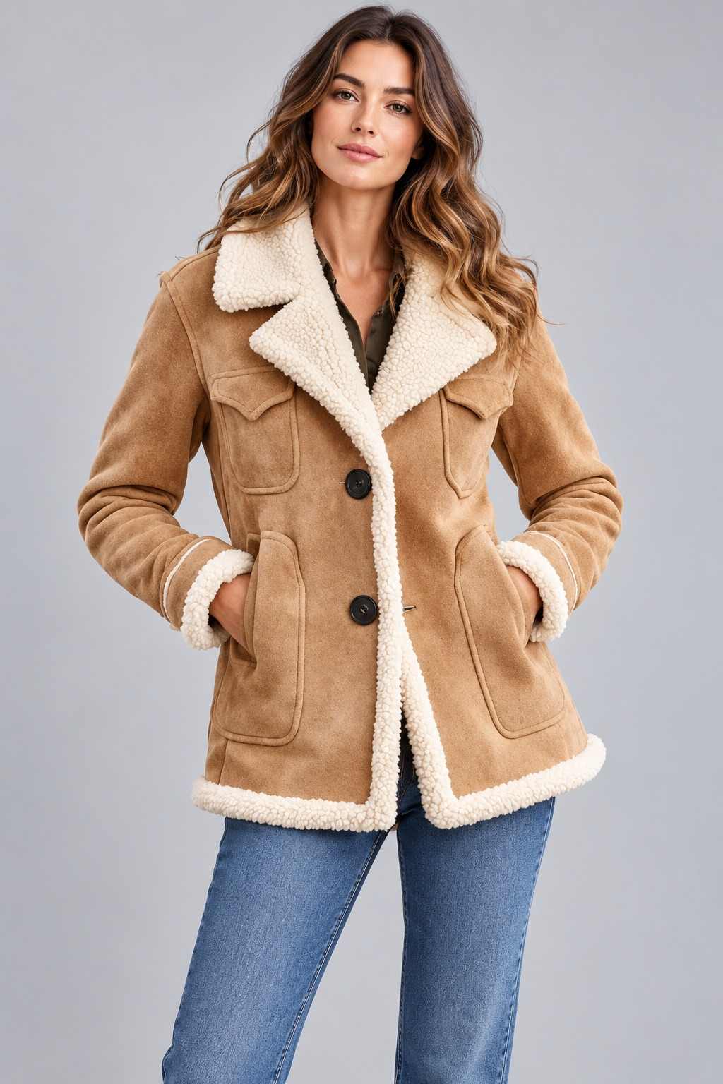 Women's Tan Suede Aviator Jacket with Faux Shearling Lining front view by avanzar leather