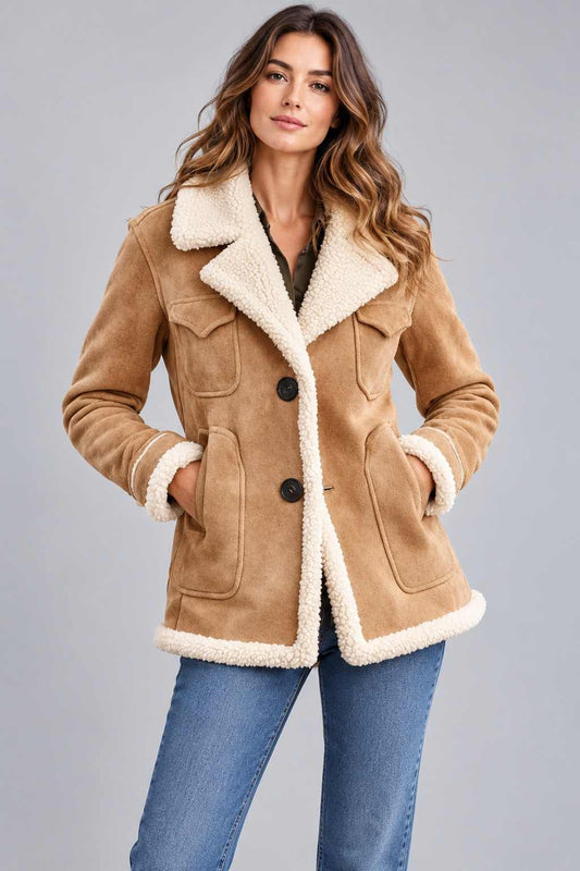 Women's Tan Suede Aviator Jacket with Faux Shearling Lining front view by avanzar leather