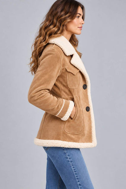 Women's Tan Suede Aviator Jacket with Faux Shearling Lining sid view by avanzar leather
