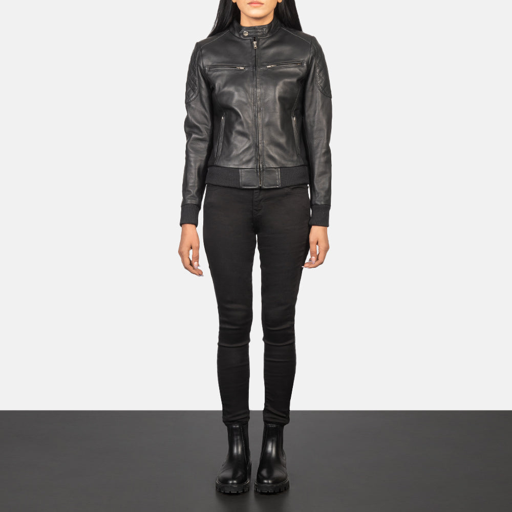 Zenna Black Leather Bomber Jacket Sleek, Modern & Timeless