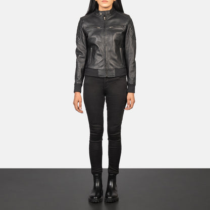 Zenna Black Leather Bomber Jacket Sleek, Modern & Timeless