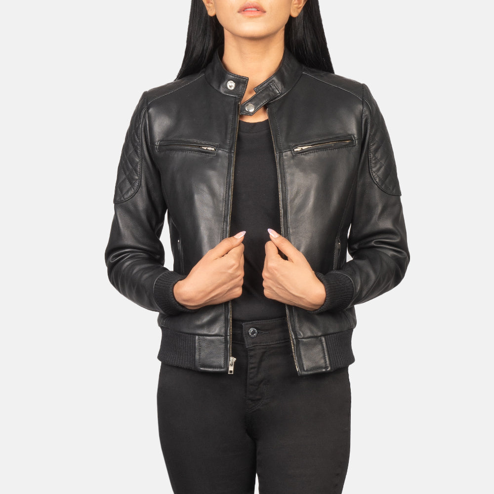 Zenna Black Leather Bomber Jacket Sleek, Modern & Timeless