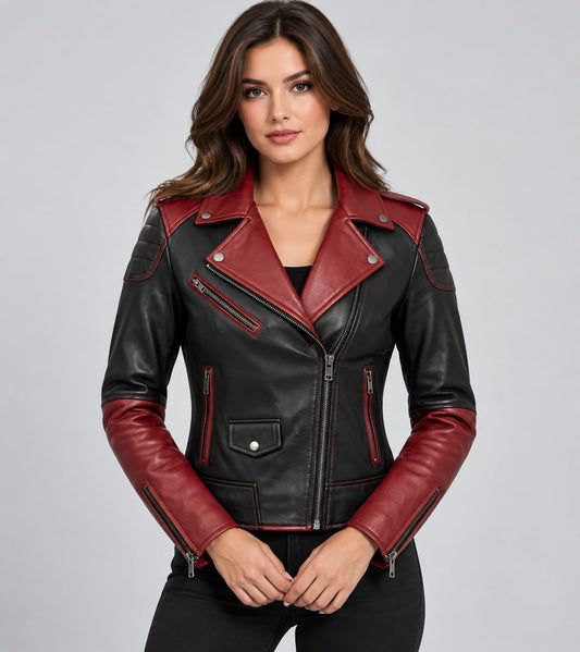 Women’s black and red genuine leather biker motorcycle jacket front view with bold contrast panels, zipper closure and fitted biker styling