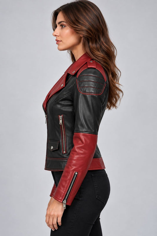 Women’s black and red genuine leather biker motorcycle jacket side view showing tailored fit, long sleeves and contrasting leather panels