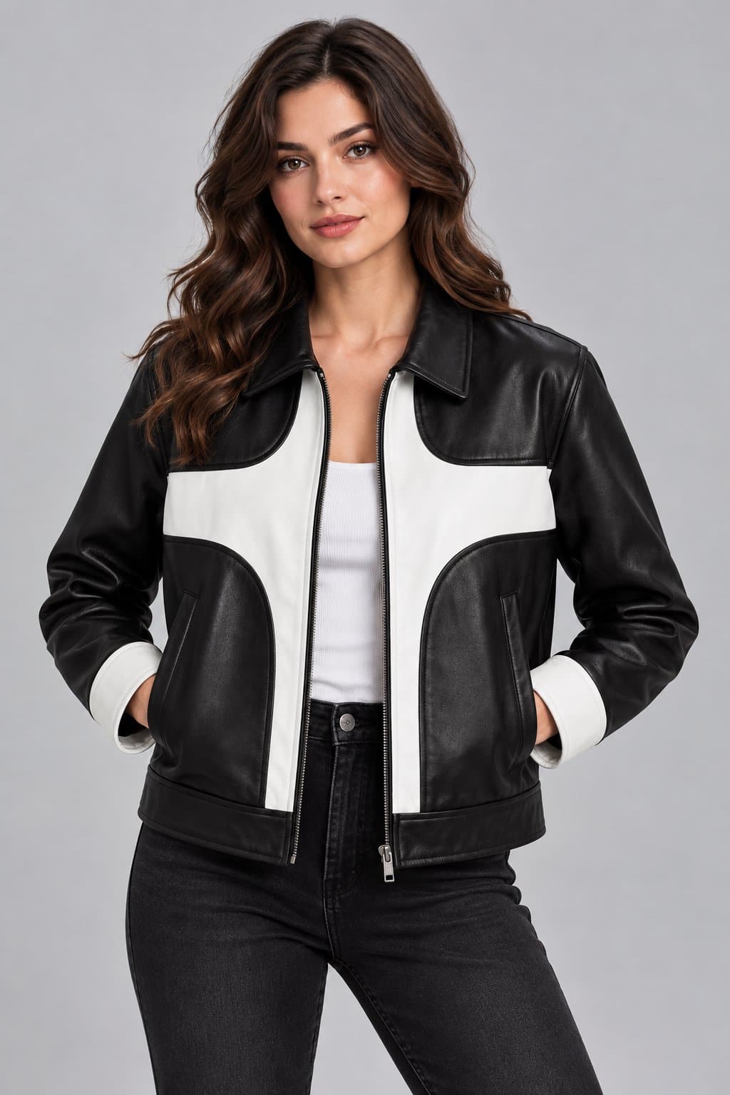 Women’s black and white lambskin leather color block biker jacket front view with bold contrast panels, zipper closure and modern motorcycle styling