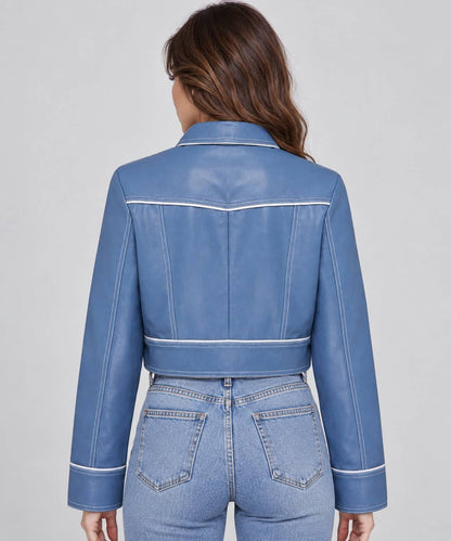 Women’s dusty blue vintage lambskin leather biker jacket back view with clean leather finish and timeless biker silhouette