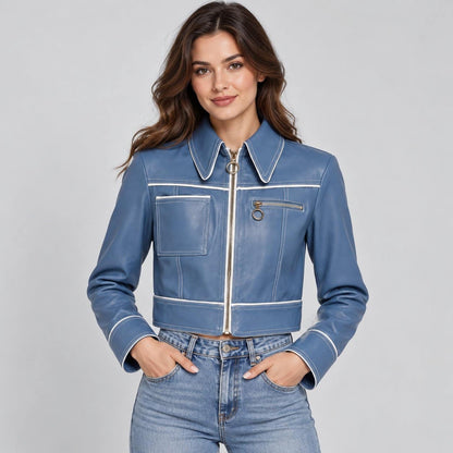 Women’s dusty blue vintage lambskin leather biker jacket front view with classic biker styling, zipper closure and fitted silhouette