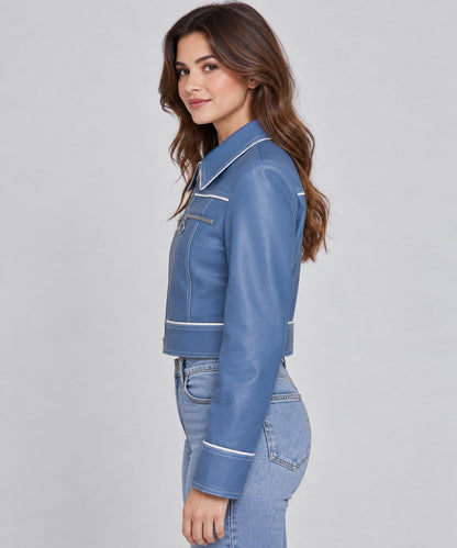 Women’s dusty blue vintage lambskin leather biker jacket side view showing tailored fit, long sleeves and classic motorcycle styling