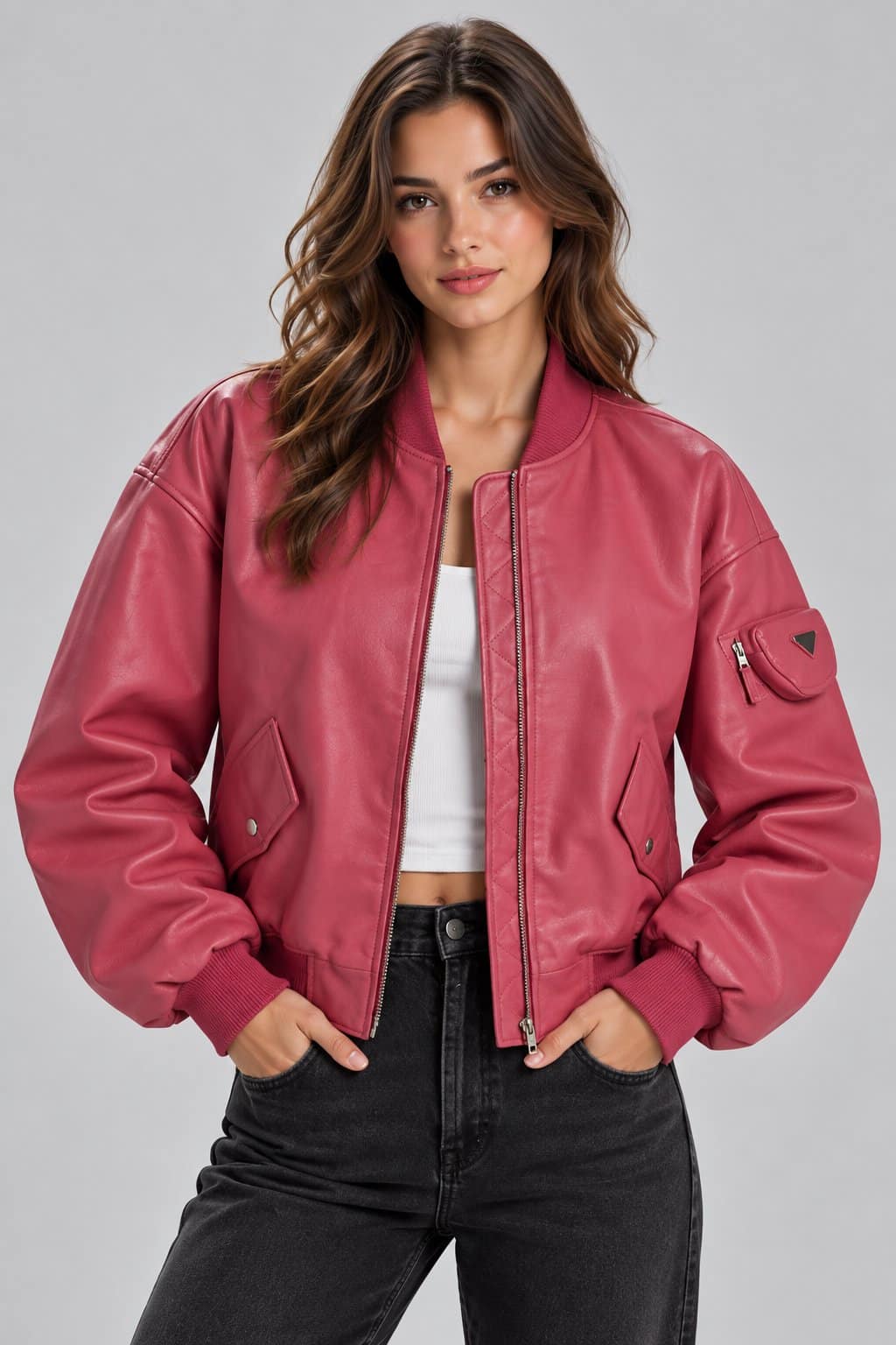 Women’s pink genuine leather oversized bomber jacket front view with relaxed fit, ribbed collar, zipper closure and classic bomber styling