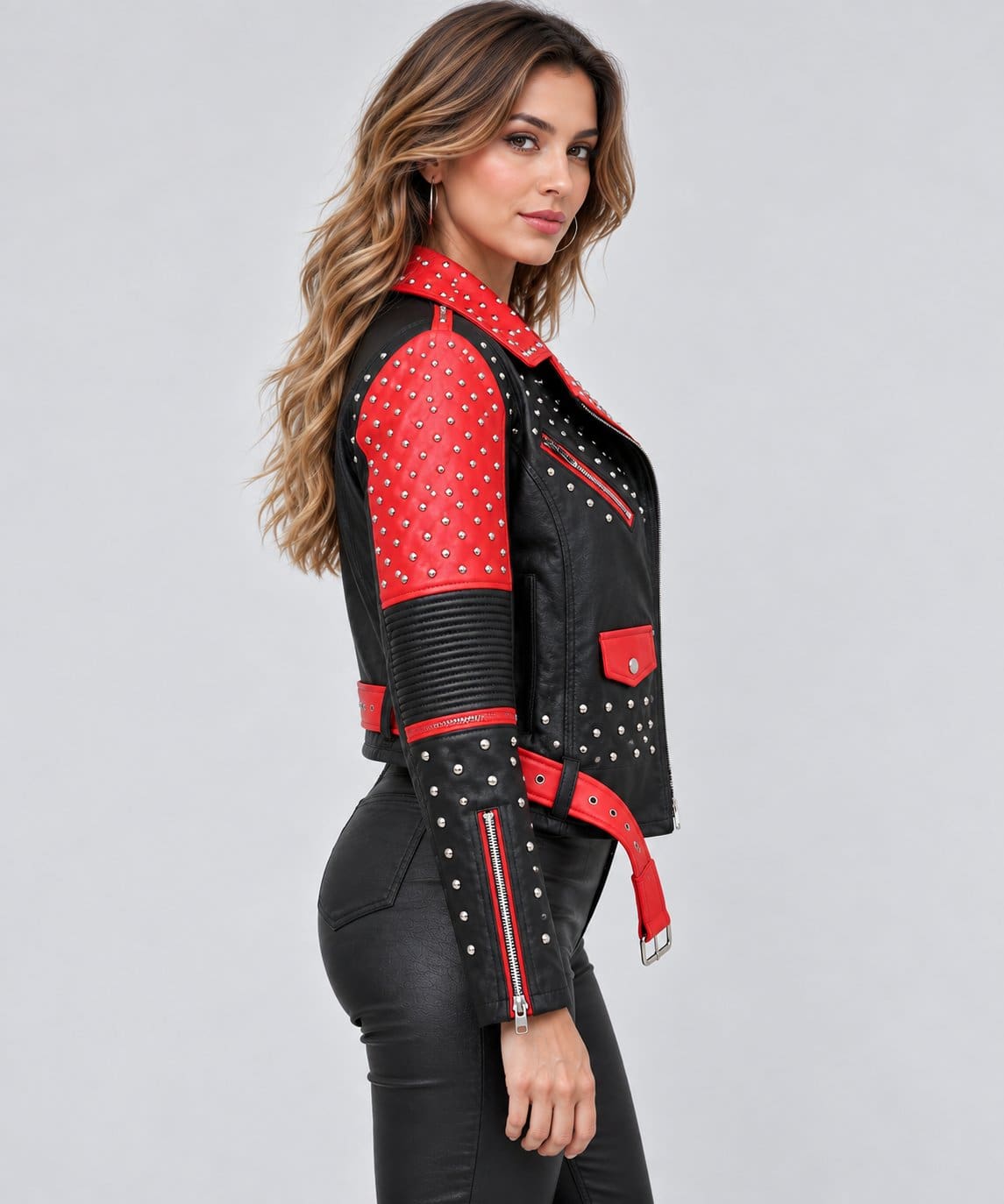 Women’s red and black studded genuine leather biker jacket side view showing tailored fit, studded leather details, long sleeves and biker silhouette