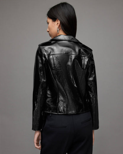 Women's Black Biker Leather Jacket with Shoulder Straps