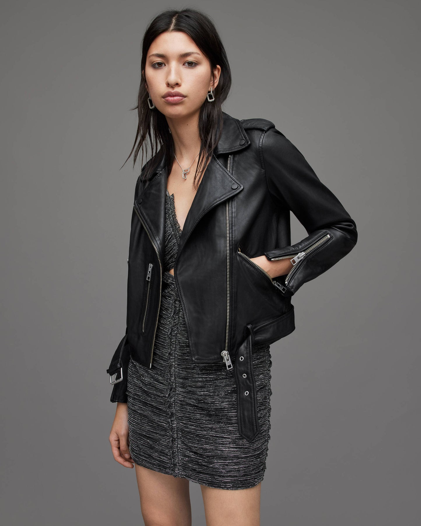 Women's Black Biker Leather Jacket with Belt