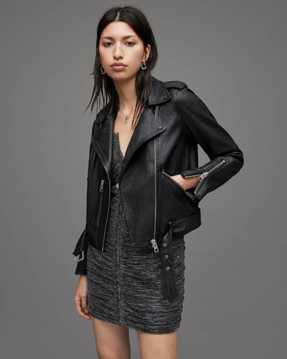 Women's Black Biker Leather Jacket with Belt