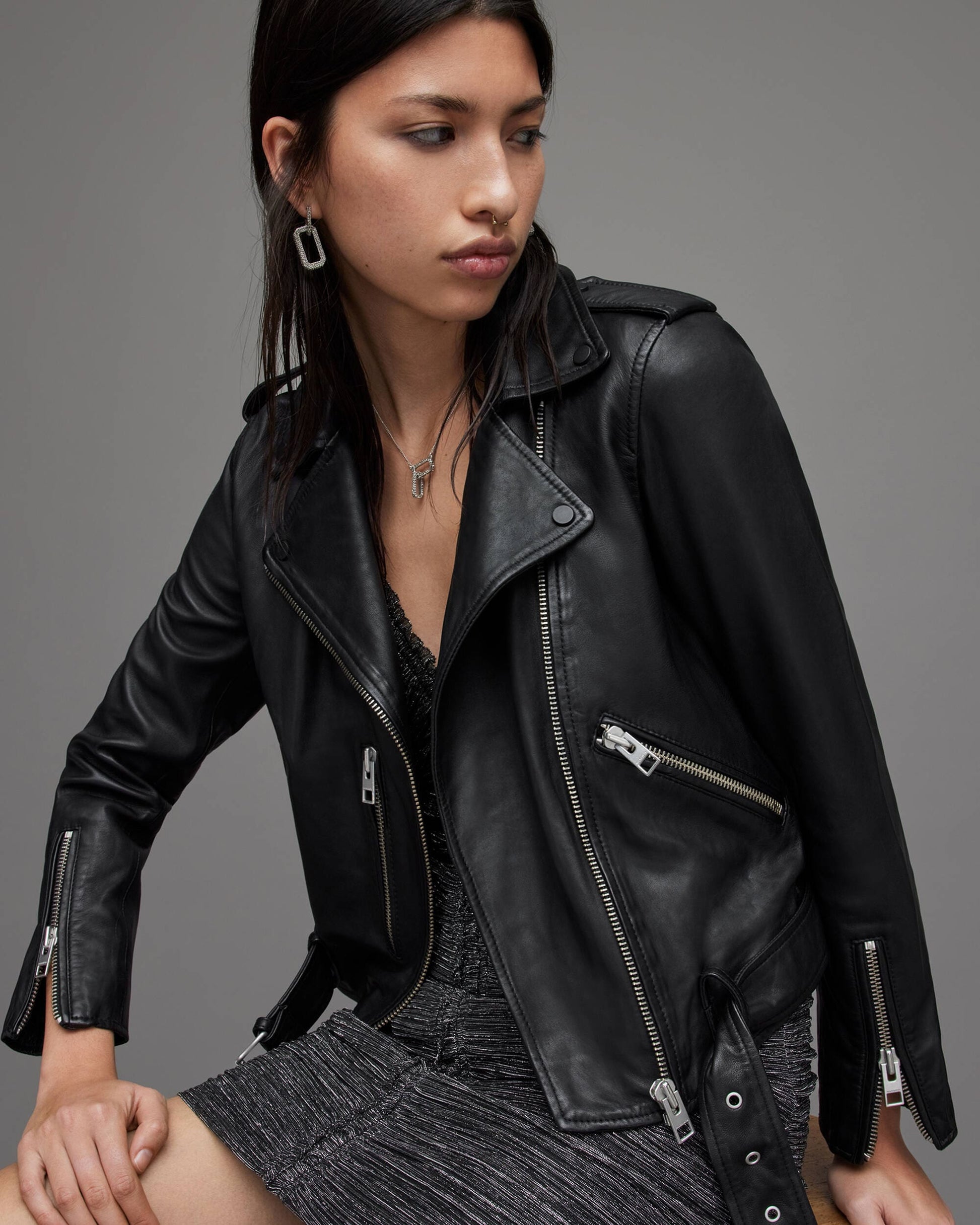 Women's Black Biker Leather Jacket with Belt