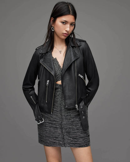 Women's Black Biker Leather Jacket with Belt