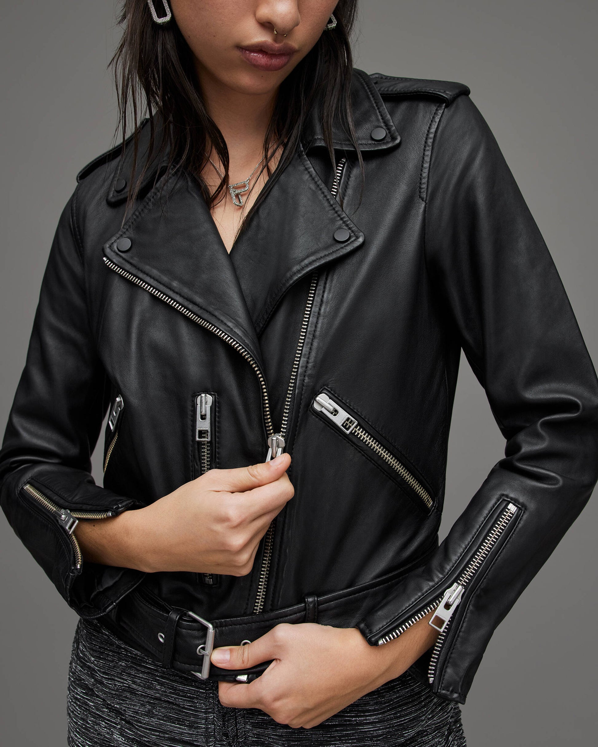 Women's Black Biker Leather Jacket with Belt