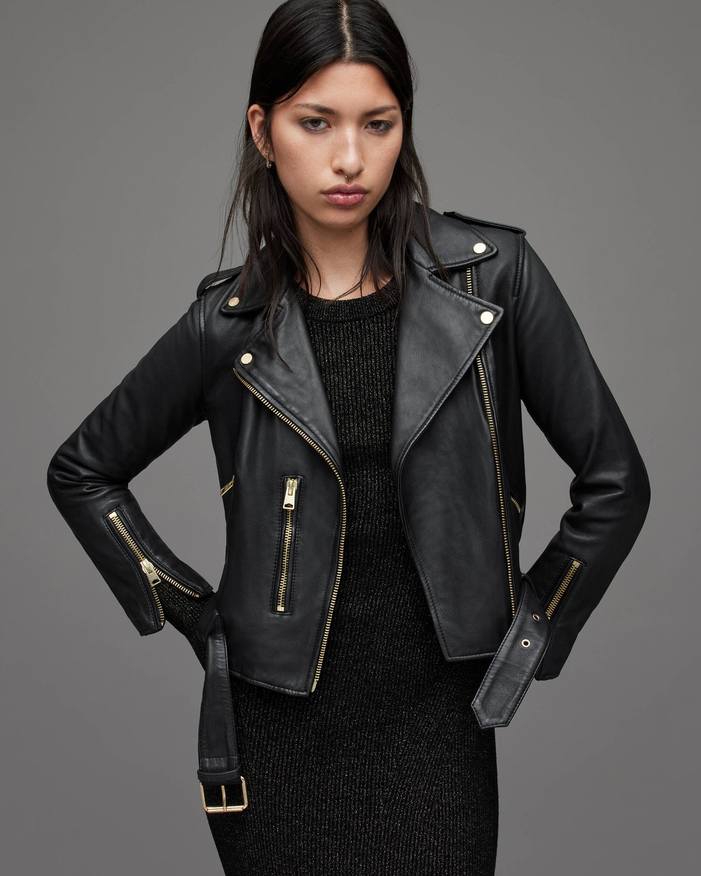 Women's Black Biker Leather Jacket with Gold Tone Zippers