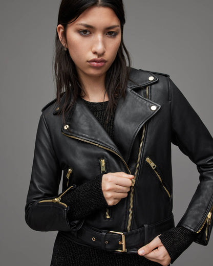 Women's Black Biker Leather Jacket with Gold Tone Zippers