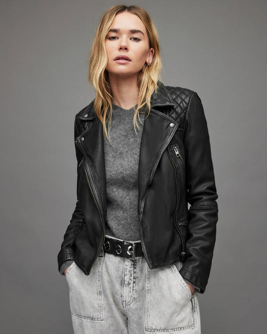 Women's Black Biker Leather Jacket with Quilted Shoulders