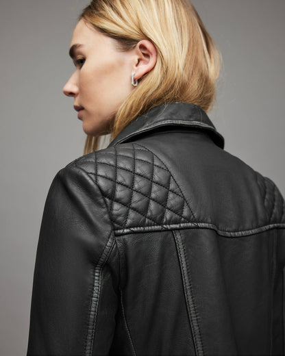 Women's Black Biker Leather Jacket with Quilted Shoulders