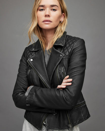 Women's Black Biker Leather Jacket with Quilted Shoulders