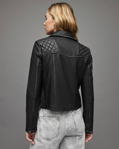 Women's Black Biker Leather Jacket with Quilted Shoulders