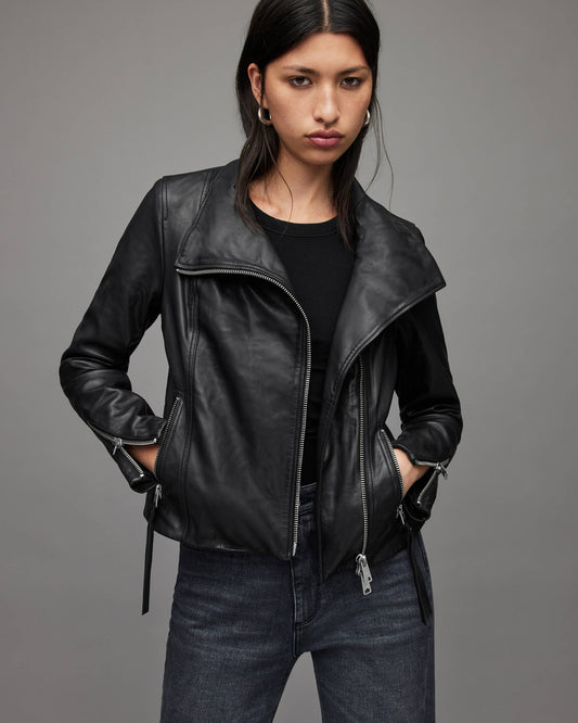 Women’s Leather Biker Jacket in Black with Wing Collar