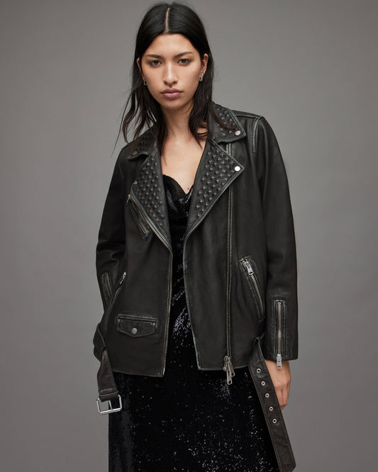 Women’s Studded Black Biker Leather Jacket With Belt