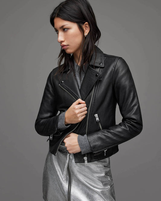 Women's Black Leather Biker Jacket with Belt