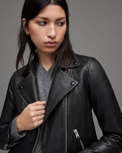 Women's Black Leather Biker Jacket with Belt