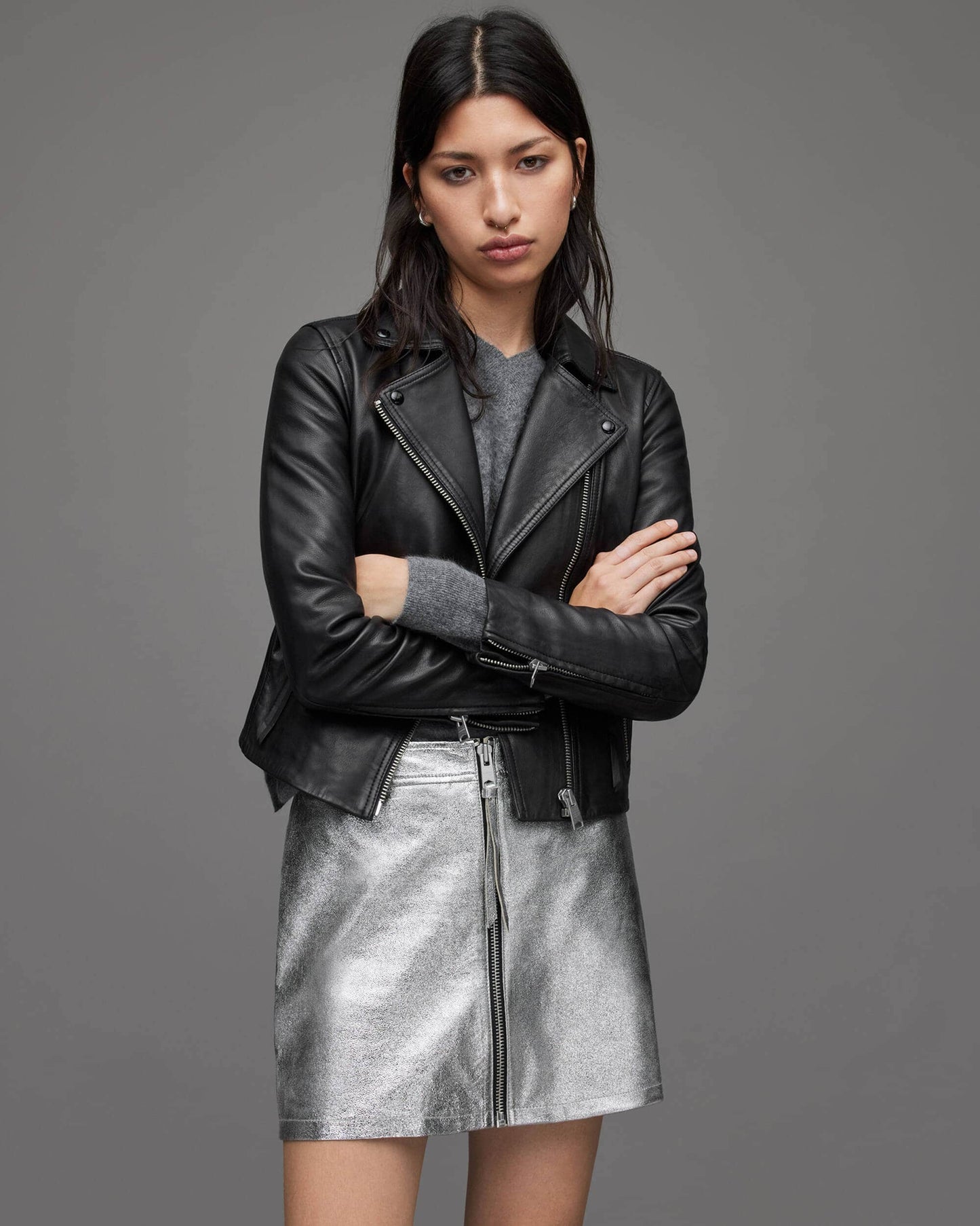 Women's Black Leather Biker Jacket with Belt