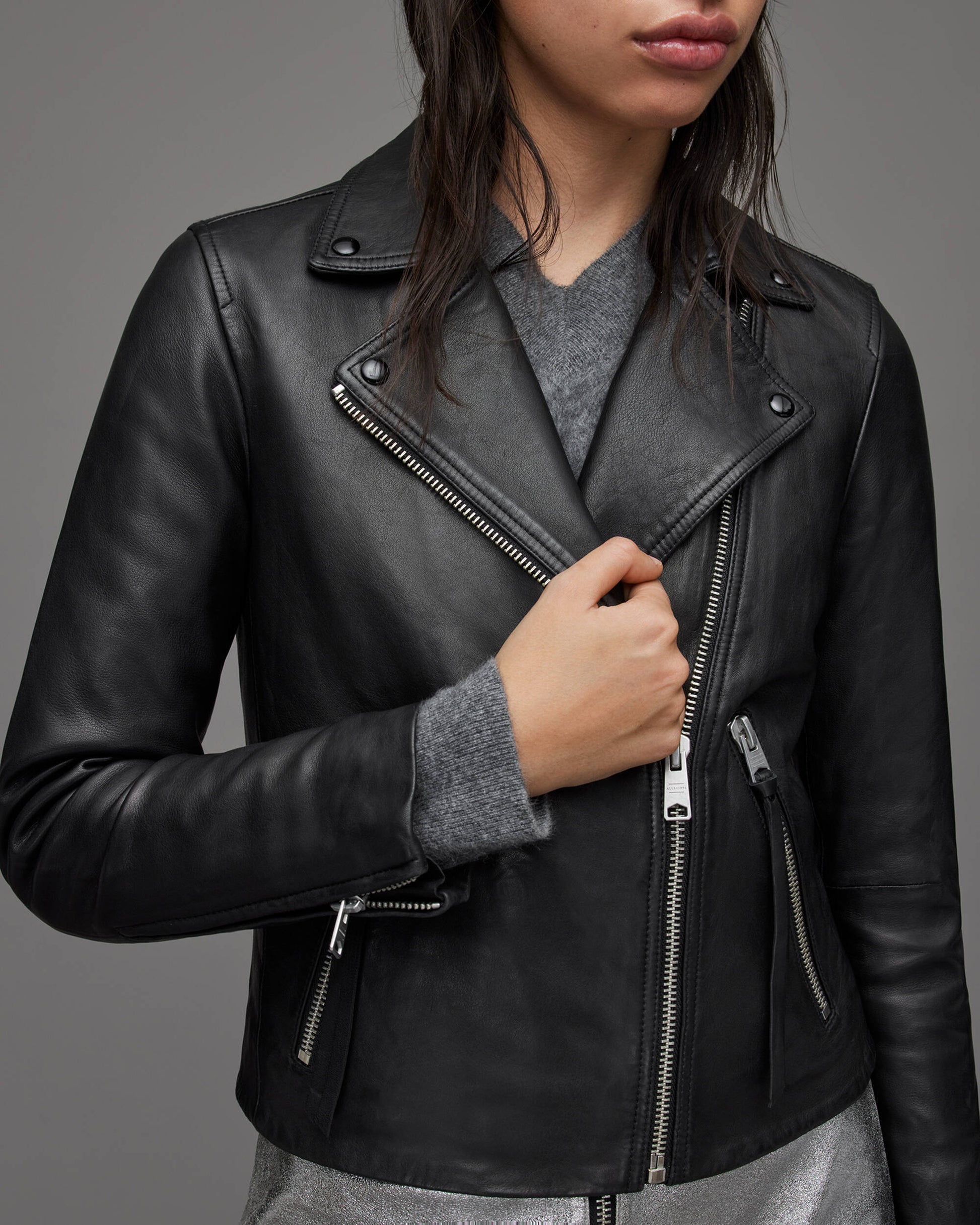 Women's Black Leather Biker Jacket with Belt