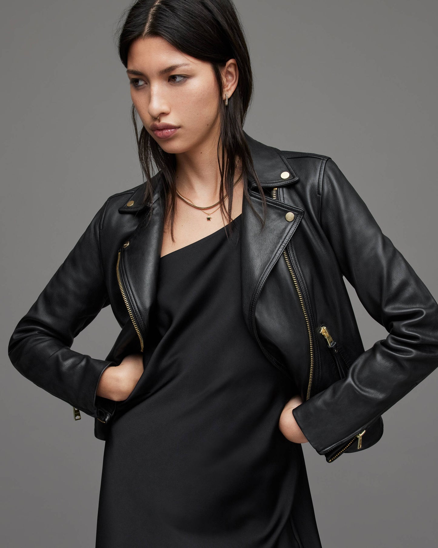 Women's Black Leather Biker Jacket with Gold Tone Zippers