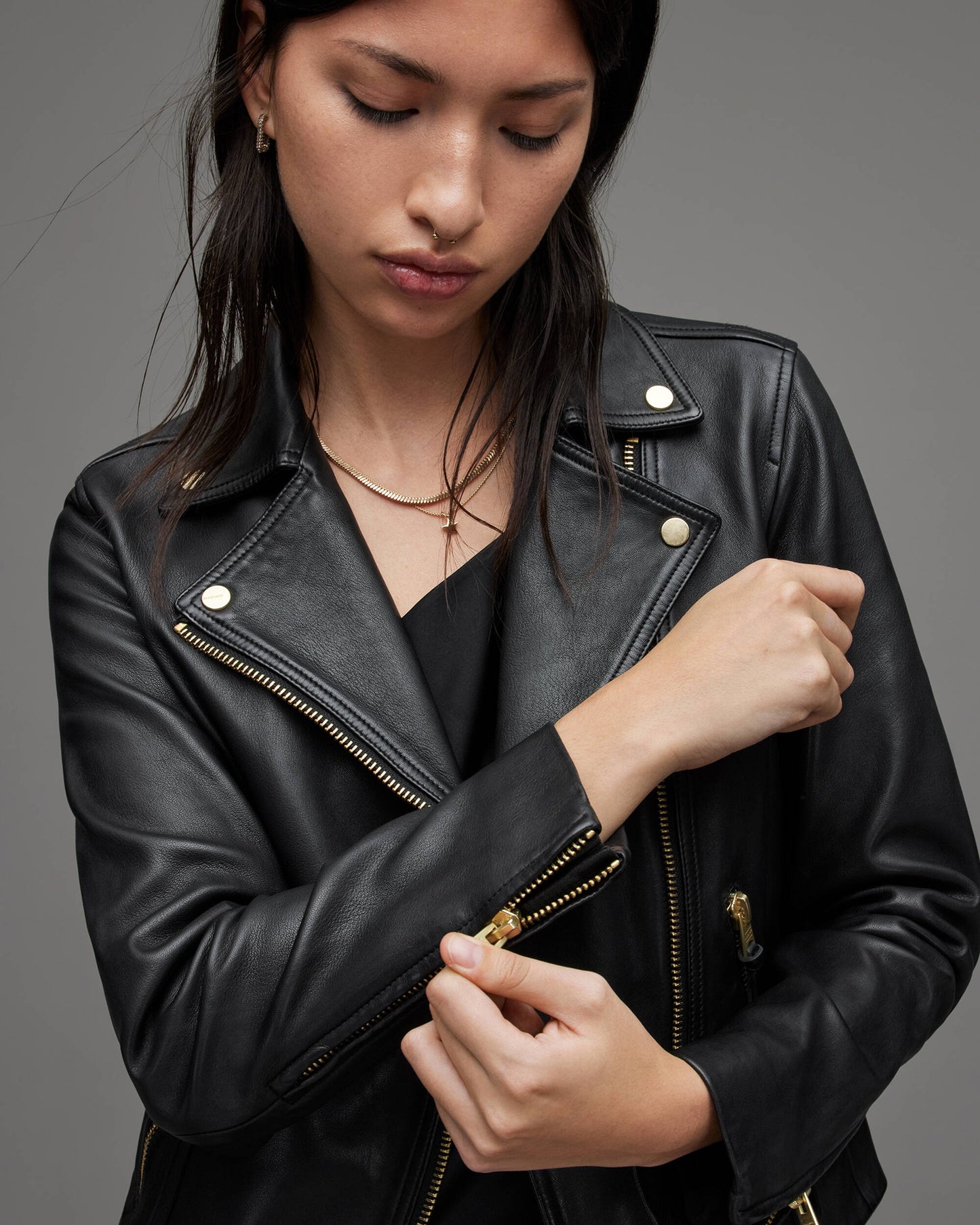 Women's Black Leather Biker Jacket with Gold Tone Zippers