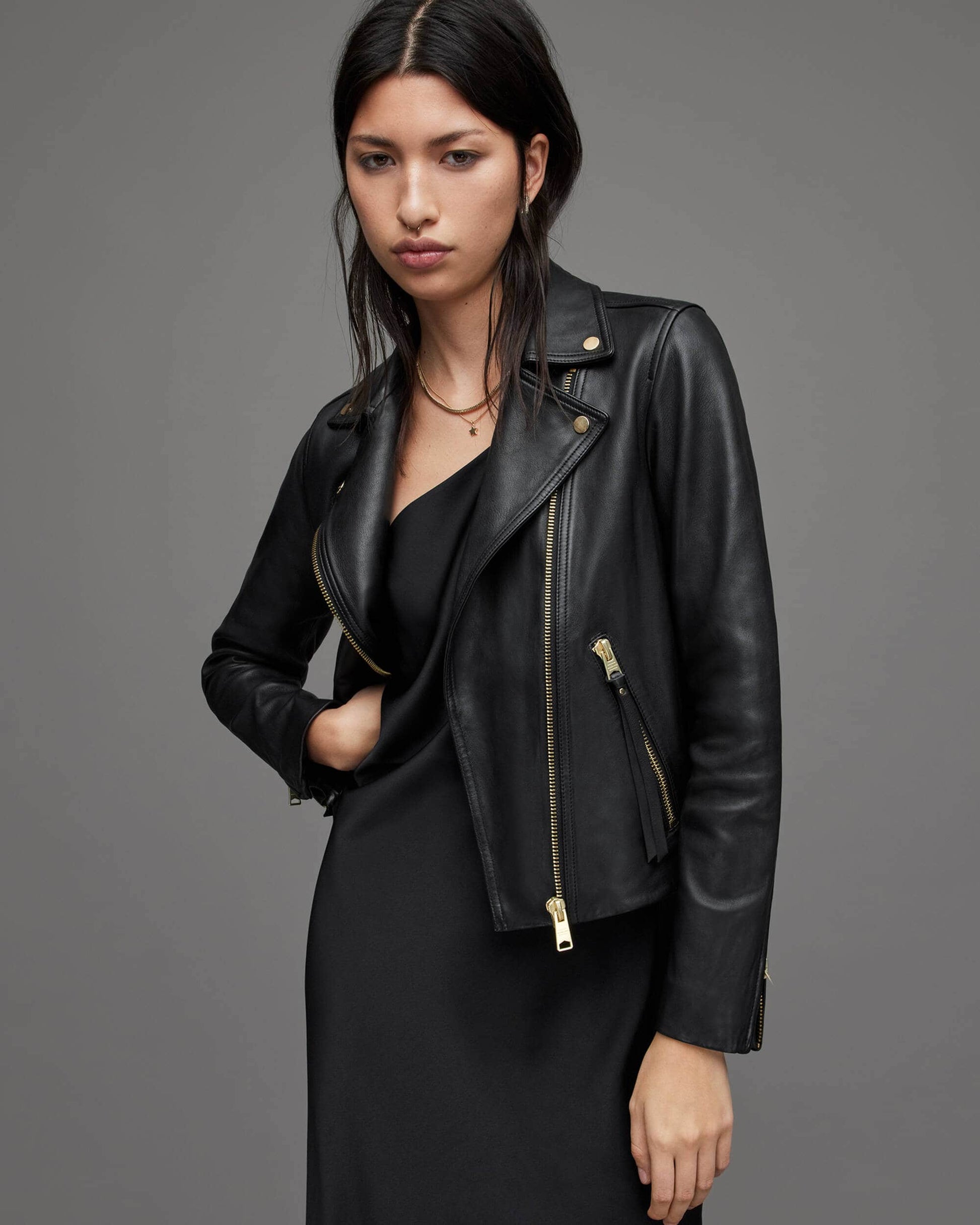 Women's Black Leather Biker Jacket with Gold Tone Zippers