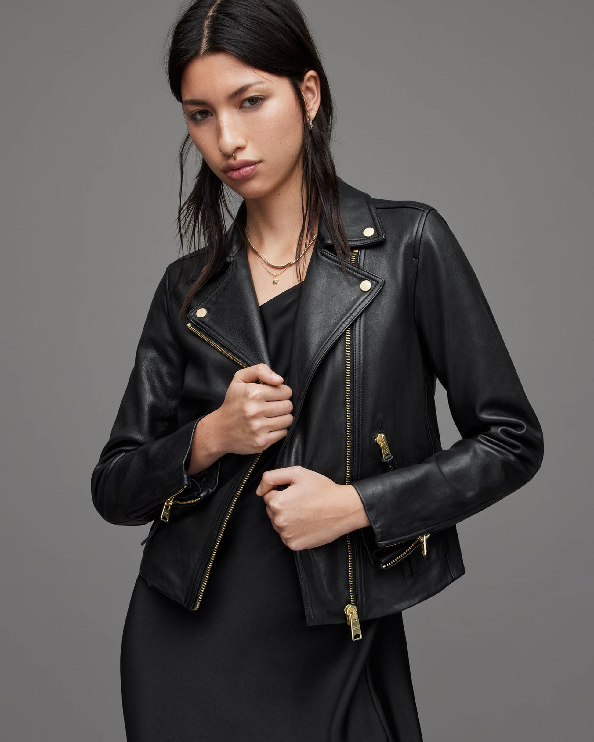 Women's Black Leather Biker Jacket with Gold Tone Zippers