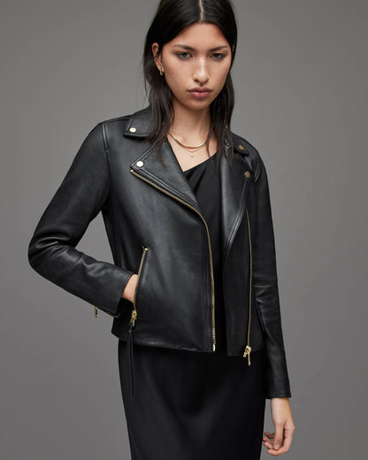 Women's Black Leather Biker Jacket with Gold Tone Zippers