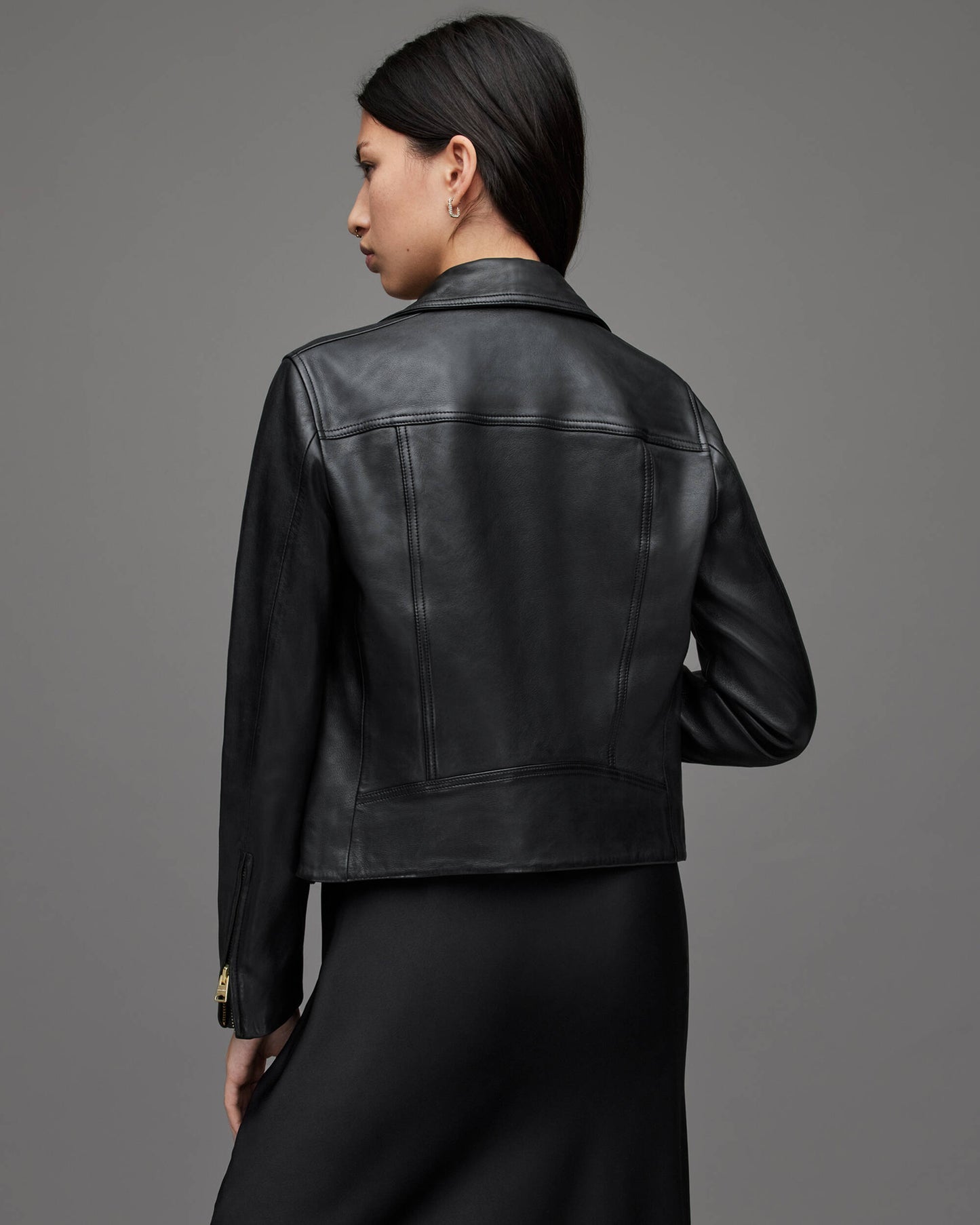 Women's Black Leather Biker Jacket with Gold Tone Zippers