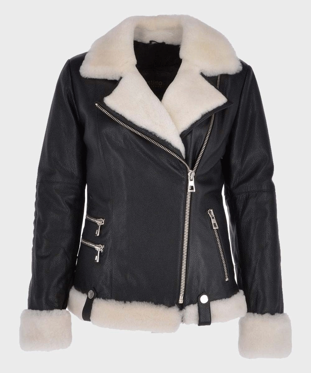 Women's Black Motorcycle Shearling Leather Jacket