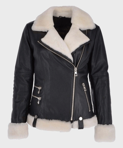 Women's Black Motorcycle Shearling Leather Jacket