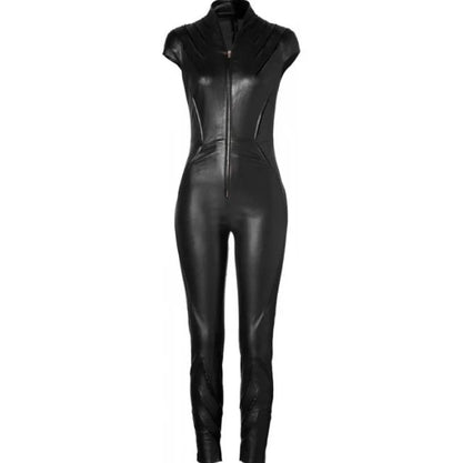 Sleek Black Women's Bodycon Leather Jumpsuit 