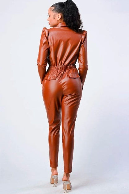 Stylish Brown Women's Bodycon Leather Jumpsuit