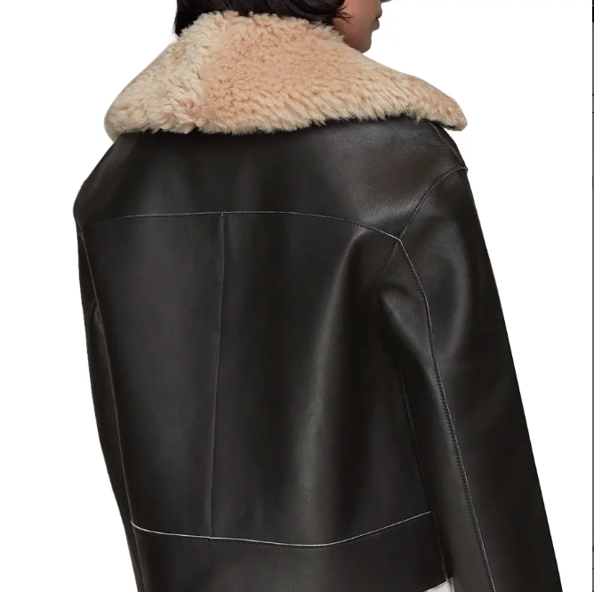 Women's Black Leather Jacket with Brown Sheepskin Fur - Chic and Cozy