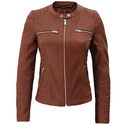 Women’s Brown Cafe Racer Leather Jacket with Detachable Hood – Avanzar Leather