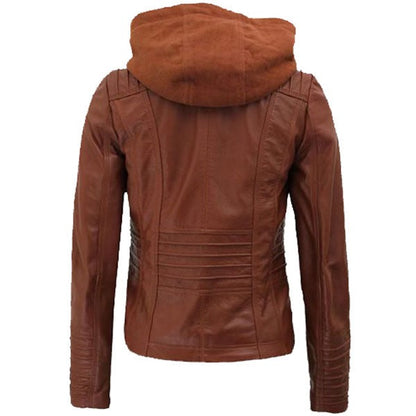Women’s Brown Cafe Racer Leather Jacket with Detachable Hood – Avanzar Leather